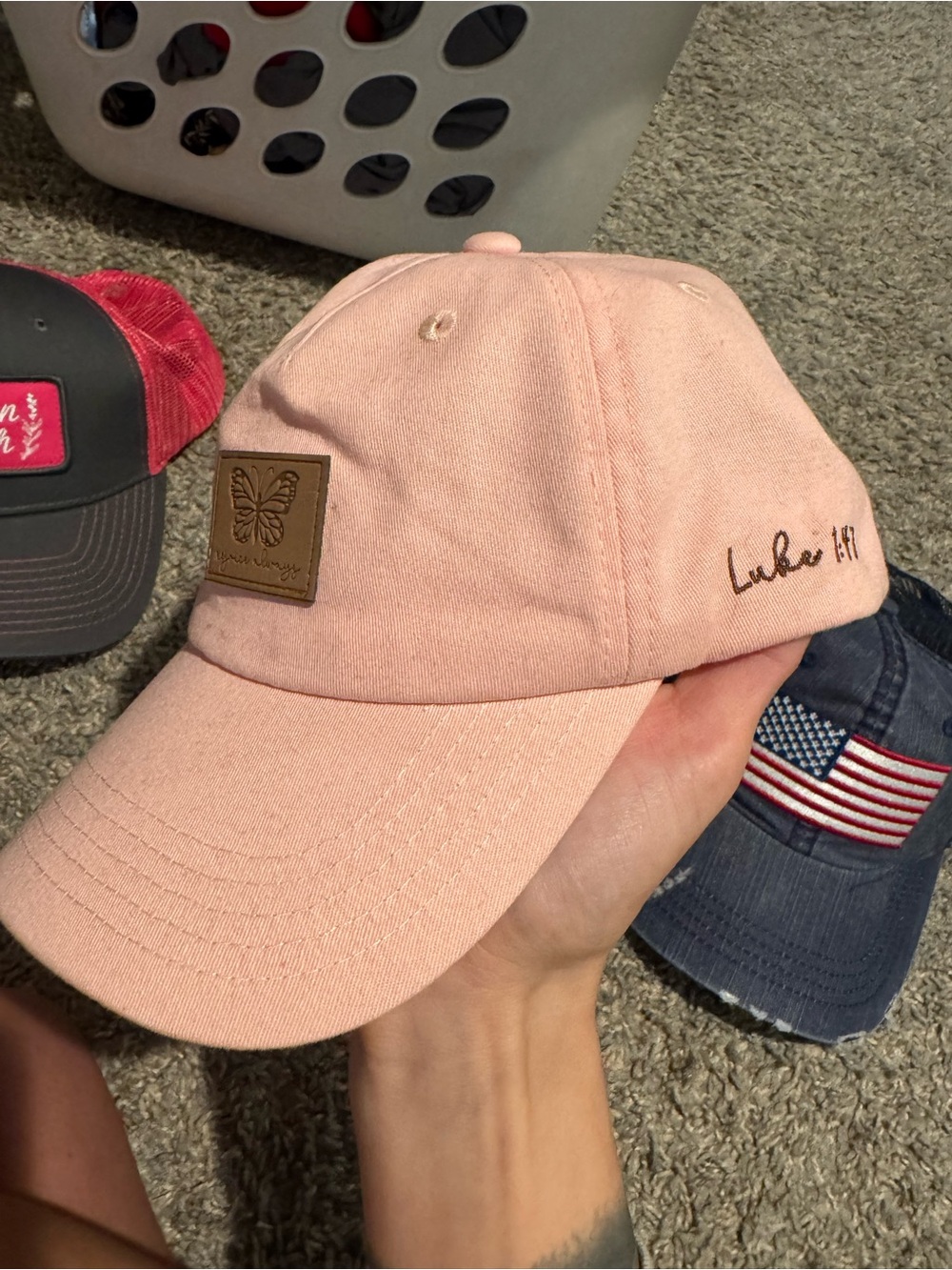 Luke 1:47 Pink Women’s Baseball Cap with Butterfly Patch